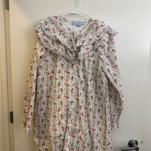 Hill House Dresses & Skirts - Hill House Floral Ruffle Mini Dress in Cream with Red Print